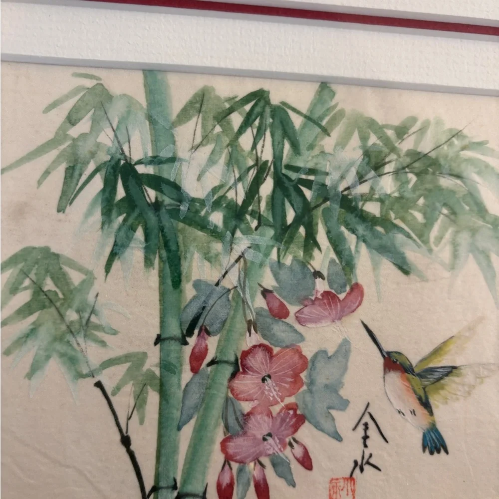 Beale Arts framed. Chinese Hummingbird floral silk painting Jīn Shuǐ red seal